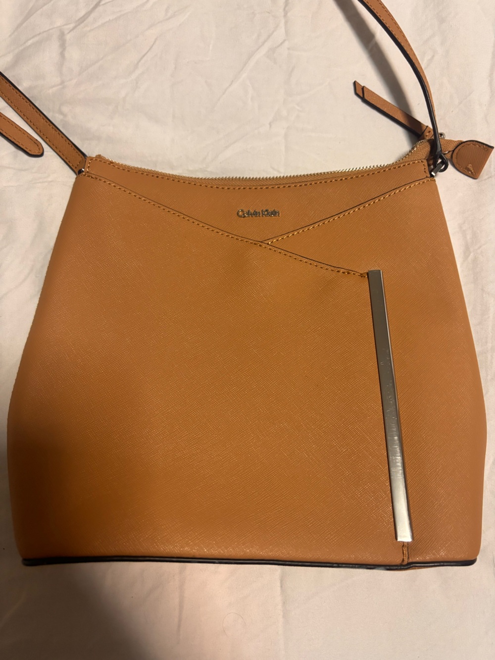 New without tag Calvin Klein Cognac Saffiano Leather Shoulder Bag